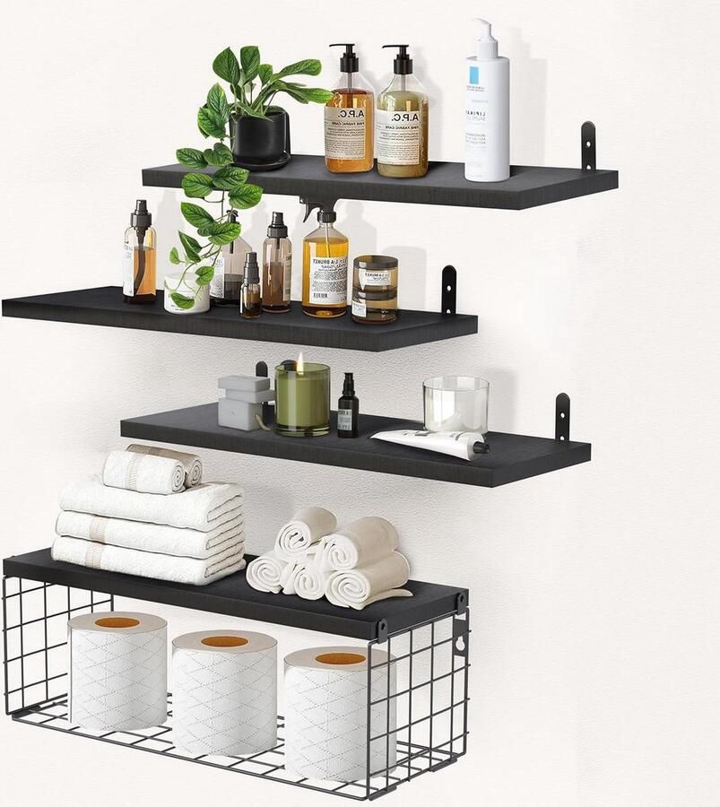 Wandplank Hout Set van 4 Moderne Decoratieve Plank Zwart Hout en Metaal