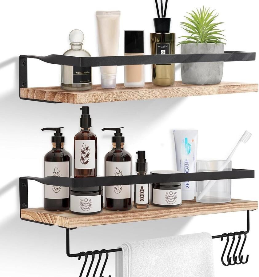 Zwevend rustiek houten wandrek lichtbruin set van 2 handdoekhouder slaapkamer woonkamer badkamer keuken kantoor Wandrek