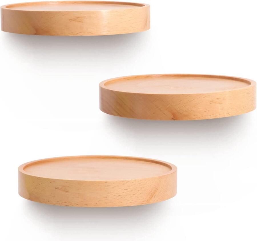 Wandplank hout zwevende plank rond klein planken wandplanken decoratie plantenrek houten plank hangplank beukenhout 3-delige set lichtgeel (diameter 15 cm)