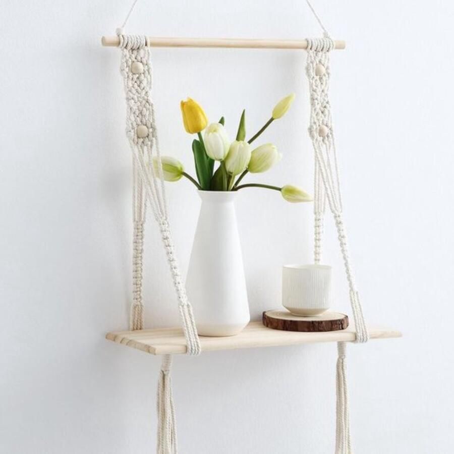 Wandplank Houten Boheemse Wandplank Handgemaakte Macrame Wanddecoratie met LED-verlichting Geschikt voor Woonkamer Wanddecoratie Kamerdecoratie