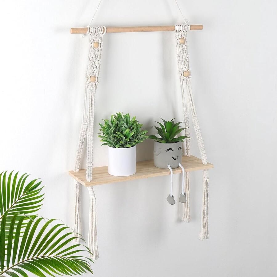 Wandplank Houten Boho Plank Muur Bohemen Decoratieve Hangplank Macrame Wanddecoratie Handgeweven Zwevende Plank voor Balkon Badkamer Slaapkamer Woonkamer