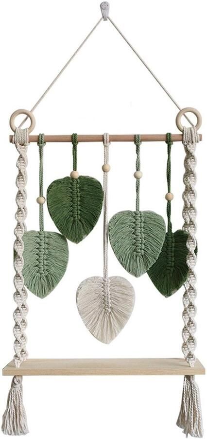 Wandplank houten macramé wandplank boho decoratie handgeweven zwevende plank met groene bladeren en kwastjes voor woonkamer en slaapkamer
