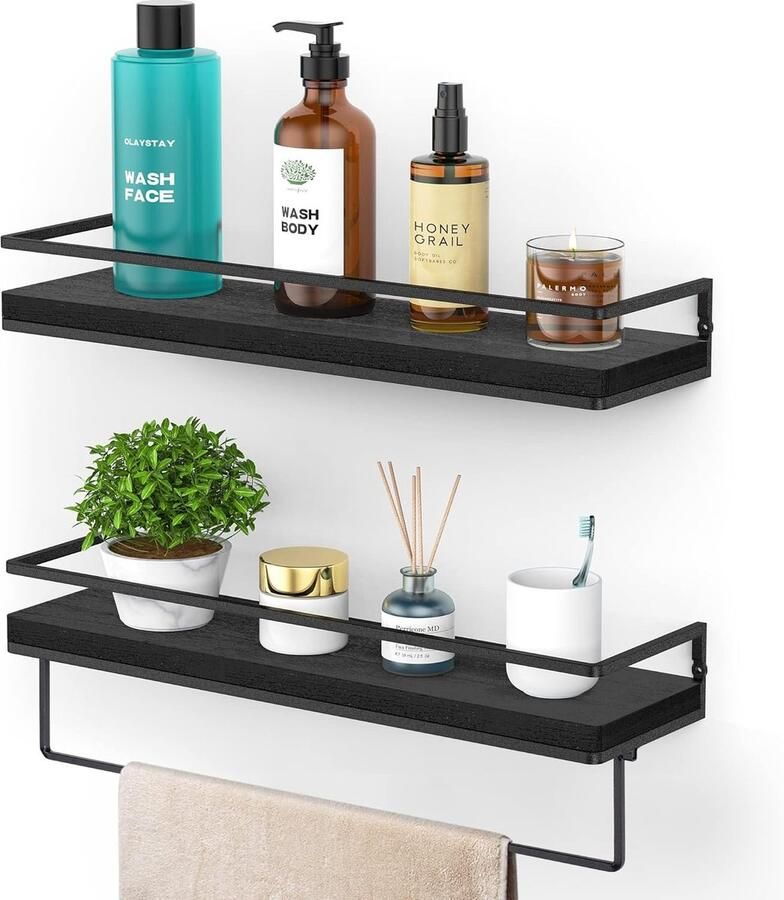Wandplank Houten Plank met Handdoekhouder Drijvende Plank Set van 2 Rustieke Plank Muur 42 x 15 5 x 7 5 cm Houten Zwevende Planken voor Badkamer Slaapkamer Woonkamer Keuken