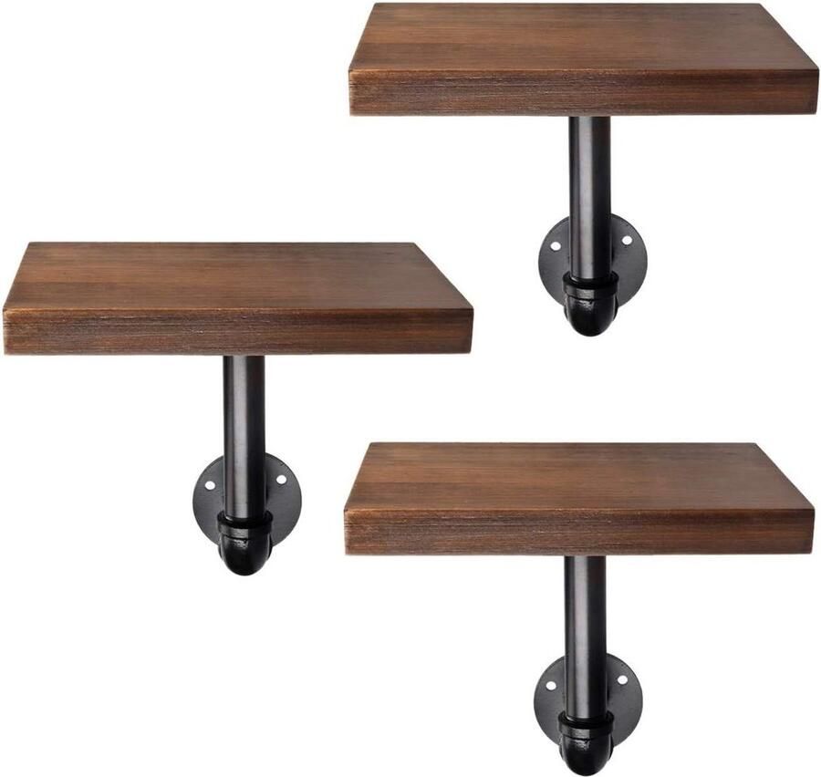 Wandplank Houten wandplanken met industriële metalen pijp 3 stuks Donkerbruin Hout