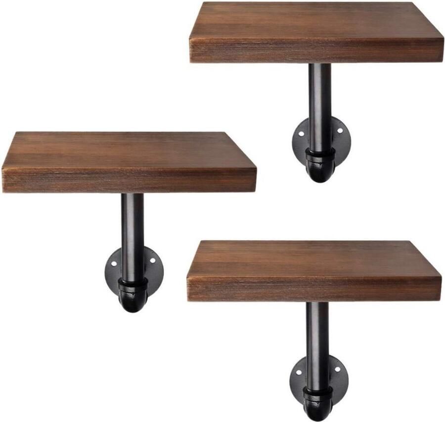 Wandplank Houten wandplanken met industriële metalen pijp 3 stuks Donkerbruin Hout