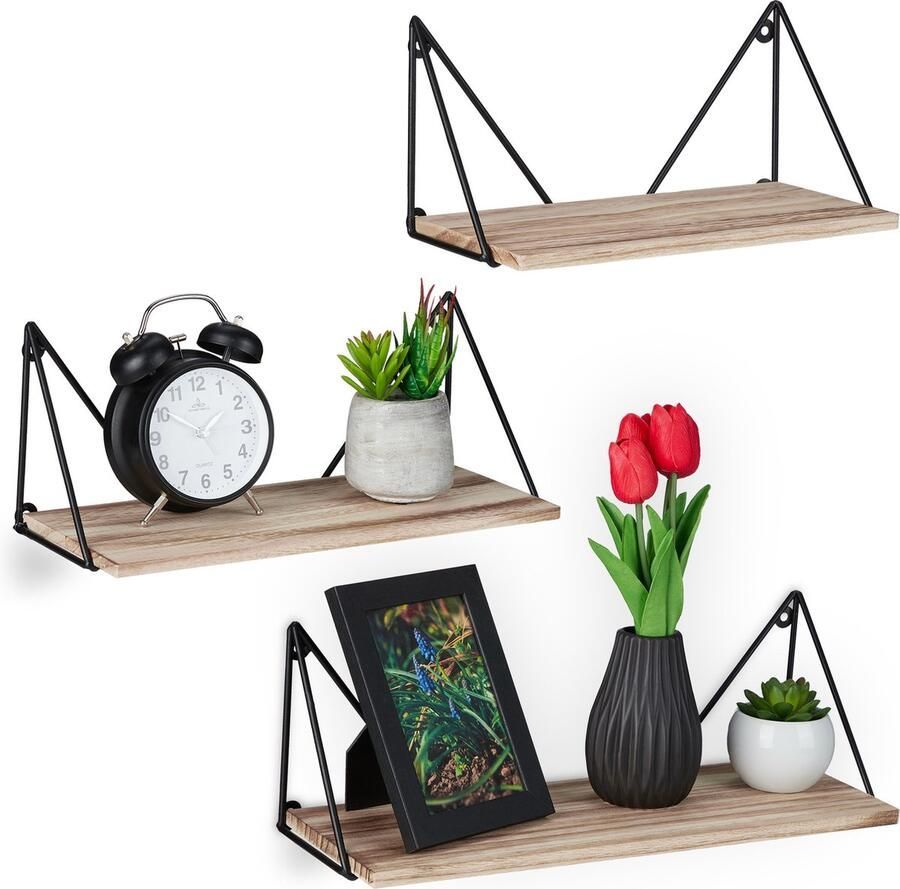 Wandplank industrieel set van 3 versch. groottes metaal hout decoratief natuur-zwart