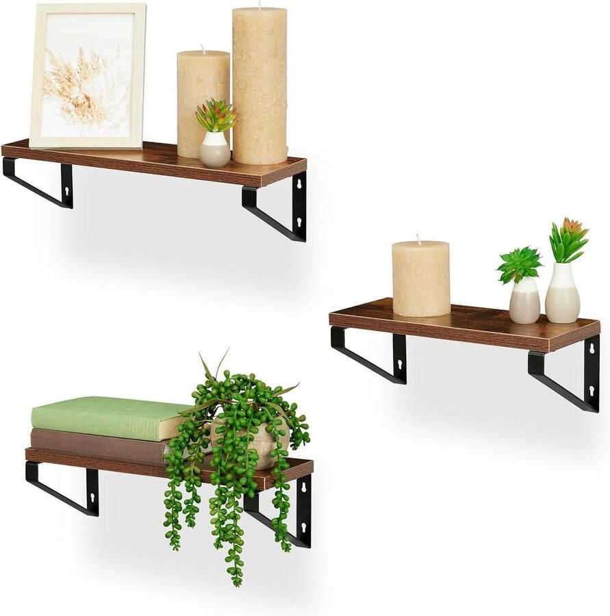 Wandplank industrieel zwevende planken set van 3 bruin zwart MDF & staal