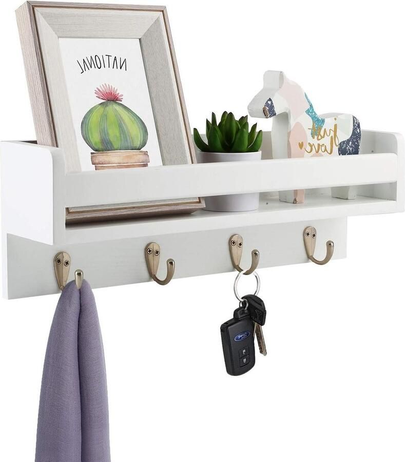 Kapstok Hangend met 4 Haken Houten Wandplank Zwevende Planken voor Hal Slaapkamer Badkamer Keuken
