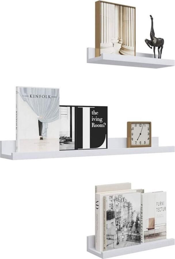 Wandplank Lili Zwevend 3 stuks wit Wandplanken tegen muur Wandrek Fotoplank kinderkamer Boekenplank Hout MDF