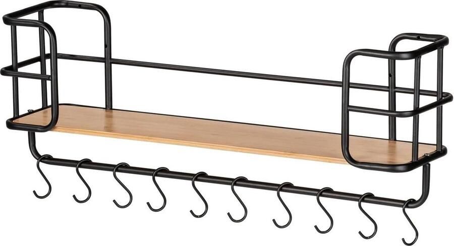 Wandplank Loft modern rek duurzame bamboebodem stevig stalen frame industrieel design keuken badkamer 10 S-haken 79 x 28 x 195 cm zwart mat-natuur