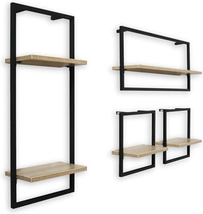 Wandplank MDF in zwart met bevestigingen voor zwevend rek 4-delige set