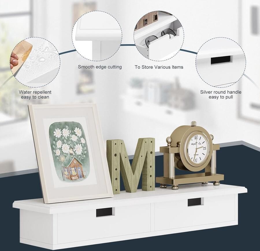 Wandplank met 2 laden zwevend rek wandplank tot 15 kg belastbaar wanddecoratie voor keuken hal en woonkamer 65 x 10 x 15 cm wit