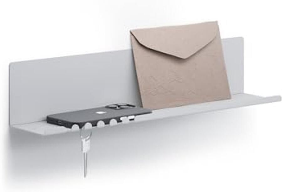 Wandplank met 5 Haken en Kabelhouders 44 x 9 x 9 cm Staal Organizer voor Sleutels en Post Grijs