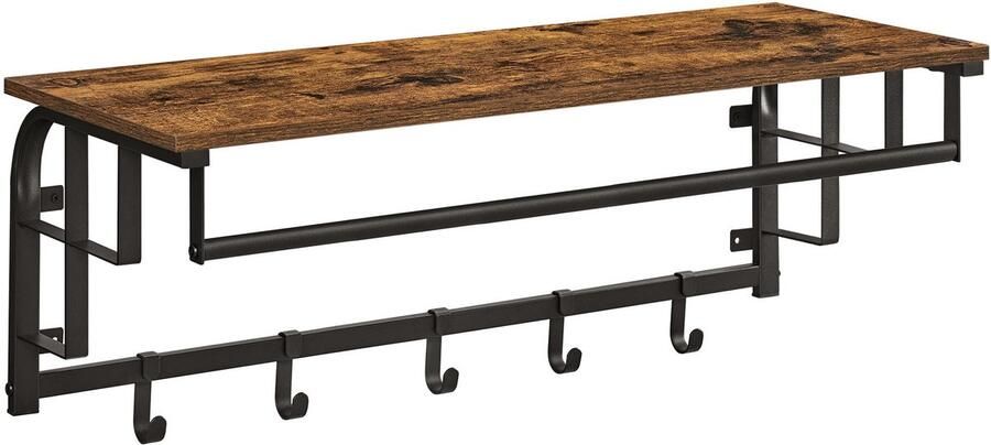 Wandplank met 5 Haken en Stang – Rustiek Houten Design met Metaal – Praktische Oplossing voor Hal Gang Kantoor of Badkamer – Stabiele Plank voor Jassen Mantels Sleutels en Meer 80 x 30 x 27 cm