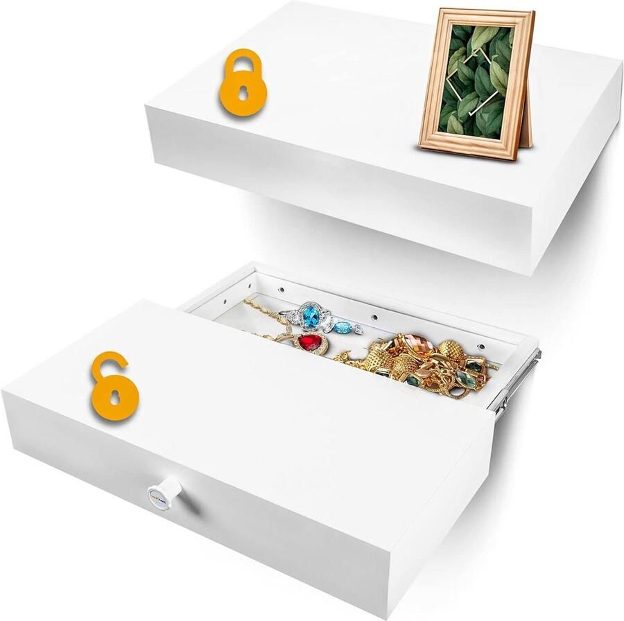 Wandplank met Geheime Lade Wandplank met Geldkluis 1 stuk Wit Hout 30 cm x 60 cm