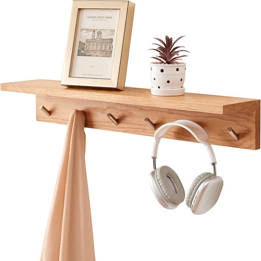 Wandplank met haakstrip wandkapstok met 6 haken en plank als badkamerplank met handdoekhouder van massief hout wandhanddoekhouder als kapstok voor gang en badkamer naturel (70 cm)