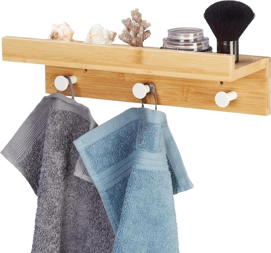 Wandplank met Haken Bamboe Geschikt voor Badkamer en Hal 1 stuk Natuurkleur 10 x 36 x 12 cm