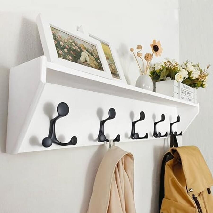 Wandplank met haken en plankorganizer 91 cm witte kapstok voor entree hal woonkamer en slaapkamer