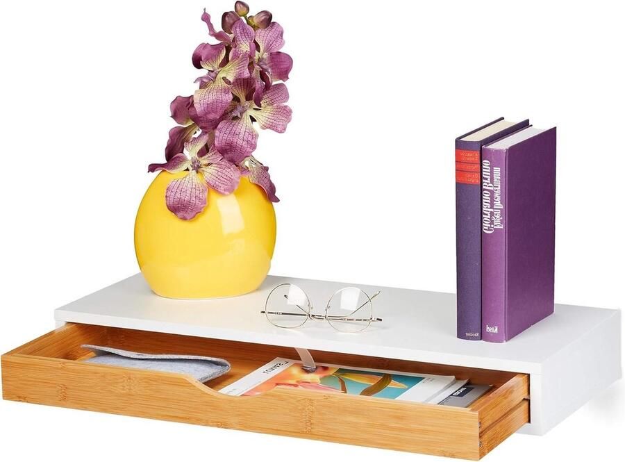 Wandplank met lade Scandinavisch design 60 cm breed Bamboe en wit natuur Relaxdays