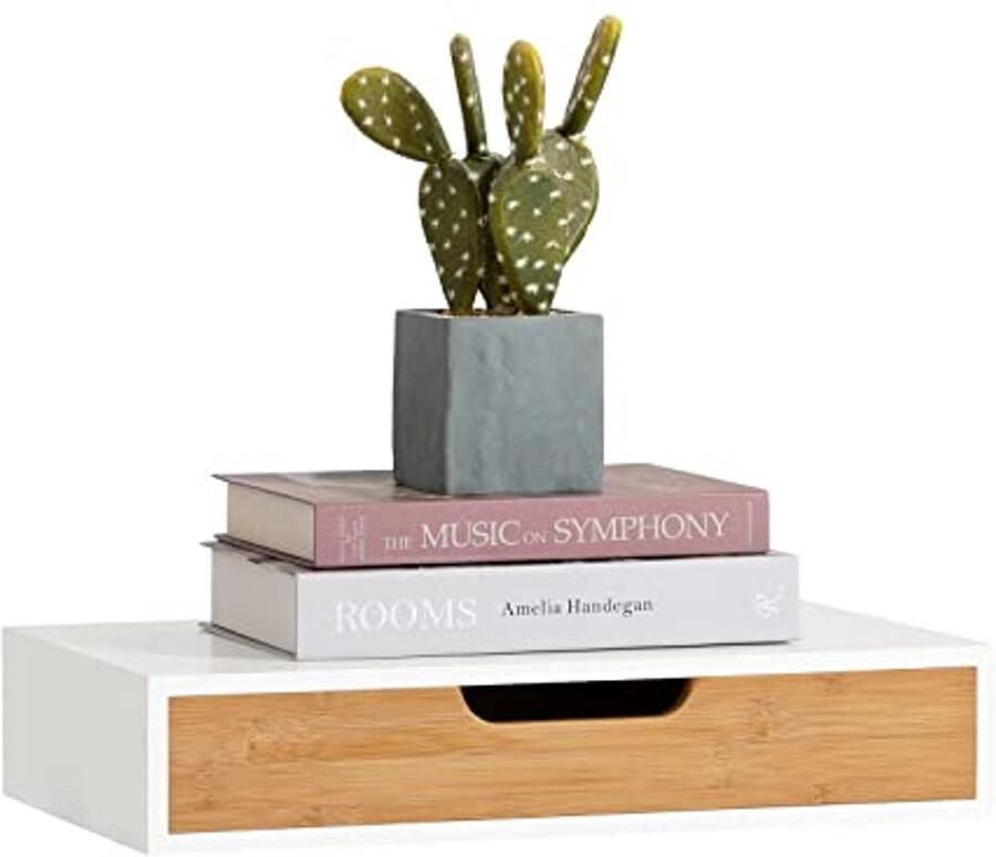 Wandplank met lade van bamboe en wit MDF 40x24.5x8cm