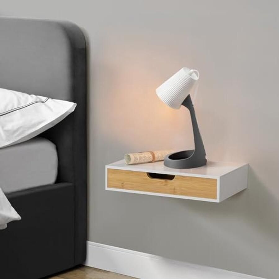 Wandplank met lade van bamboe Zwevende plank voor nachtkastje 40x24x8 cm Wit