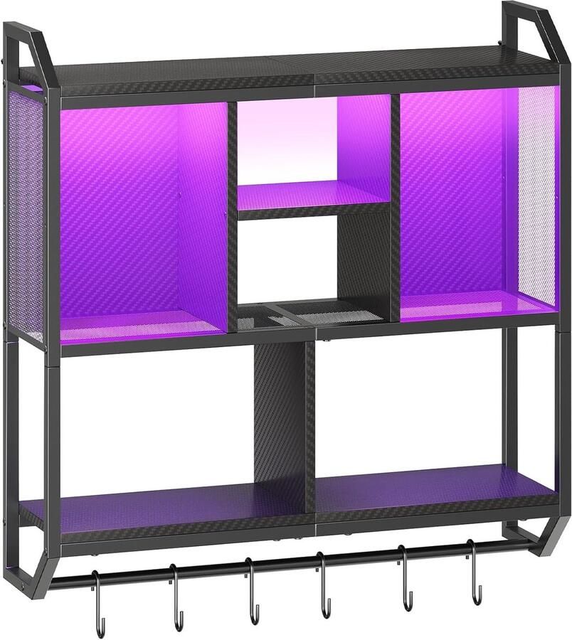 Retadou Wandplank met ledverlichting zwevend wandrek met 4 niveaus zwevend rek met 6 haken voor speelkamer keuken café bistro