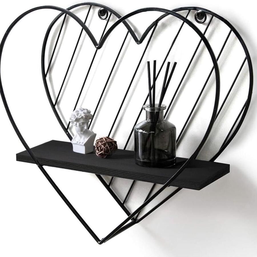 Wandplank Metaal Zwart Hout Zwevende planken Hart Industrieel Plank Wanddecoratie Slaapkamer Badkamer Familiecadeau 28X30 cm