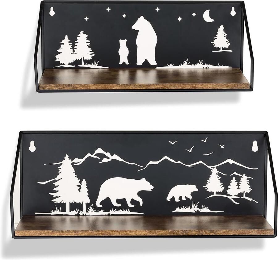 Wandplank Metaal Zwart Kinderkamer Kamer Decoratieve Wandplanken Set van 2 Planken Zwevende Plank Industriële Kamerdecoratie Tiener Wanddecoratie Slaapkamer (Beren)