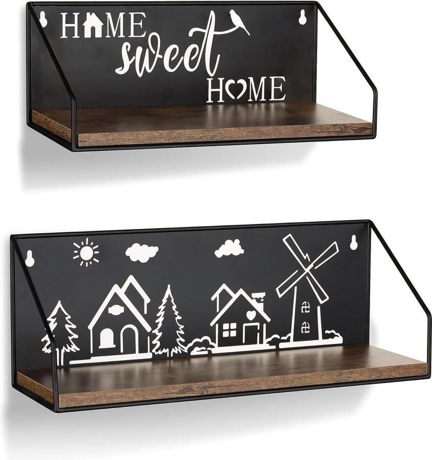 Luvetrex Wandplank metaal zwart slaapkamer: kamerdecoratie wandplanken kinderkamer set van 2 planken wand zwevende plank industriële kamerdecoratie tiener wanddecoratie