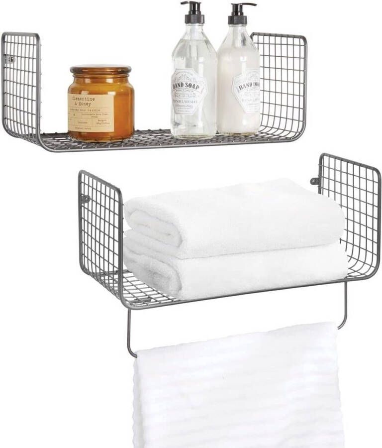 Wandplank Multifunctioneel metalen plank voor badkamer garage of wasruimte Tweedelige set met handdoekbeugel Grijs