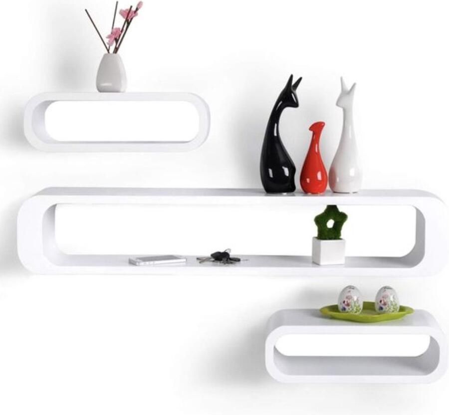 Wandplank Ovaal Zwevend modern 3 stuks wit Wandplanken tegen muur Wandrek Fotoplank kinderkamer Boekenplank Hout MDF