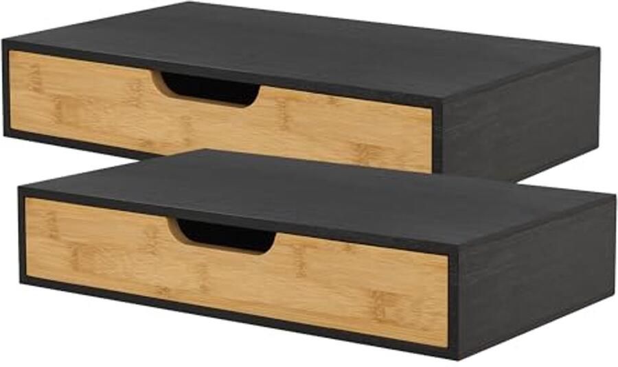 Wandplank set van 2 met lade Bamboe zwevend nachtkastje 40x24x8cm zwart
