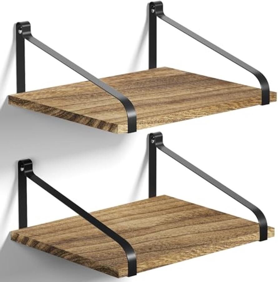 Wandplank Set van 2 Zwarte Houten en Metalen Floating Shelves 42 x 31 x 18 cm voor Keuken Woonkamer Badkamer Slaapkamer en Kantoor
