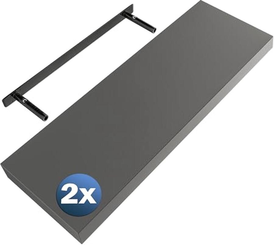 Wandplank Set van 2 Zwevend en Modern Design Hout met 15 kg Draagkracht Keukenplank 70 cm Grijs Mat