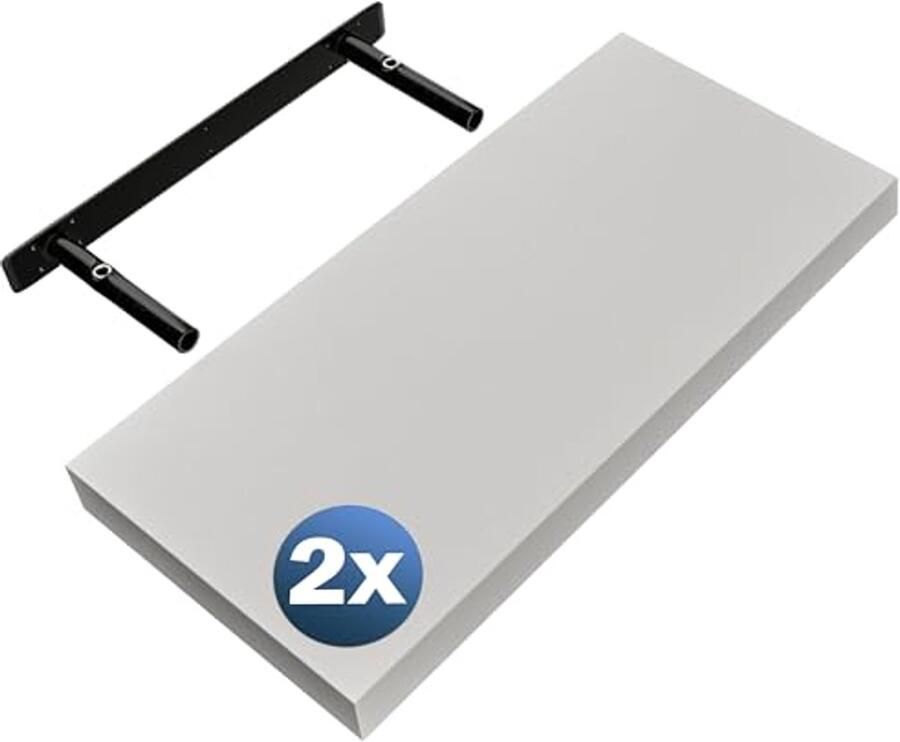 Wandplank Set van 2 Zwevende Houten Planken met Bevestiging 50 cm Wit 15 kg Draagkracht