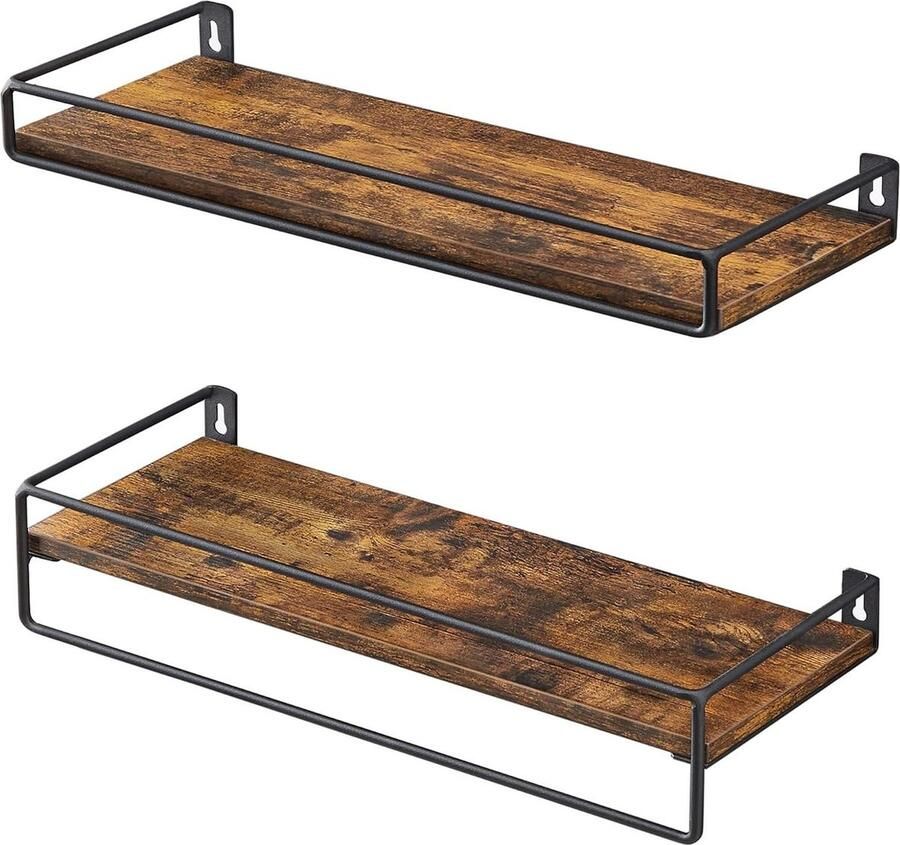 Wandplank set van 2 zwevende plank met stang opbergen aan de muur voor keuken slaapkamer vintage bruin-zwart LWS441B01 wall shelf