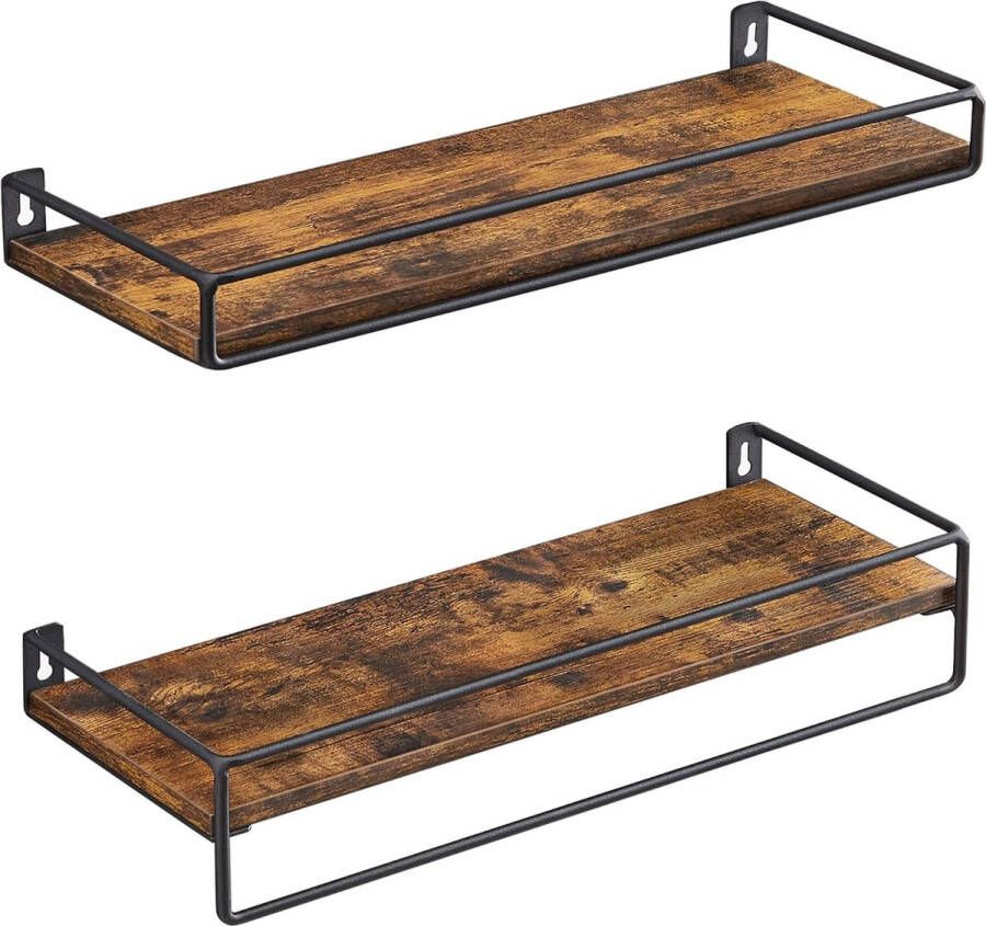 Wandplank set van 2 zwevende plank met stang wandplank opbergen aan de muur voor keuken slaapkamer woonkamer vintage bruin-zwart