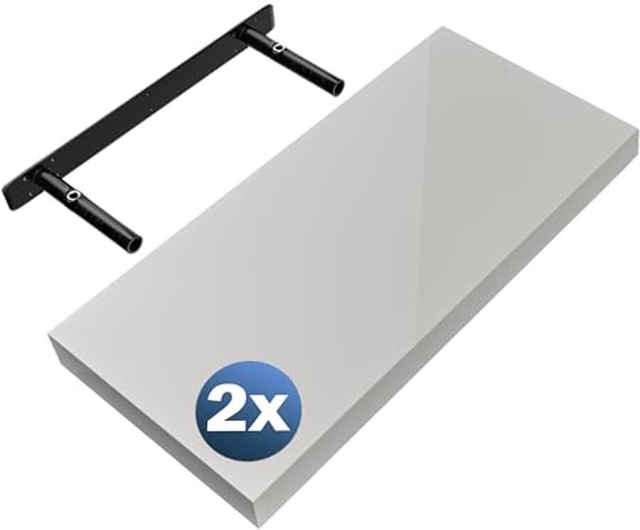 Wandplank Set van 2 Zwevende Planken voor Keuken en Woonkamer 50 cm in Wit Hoogglans 15 kg Draagkracht