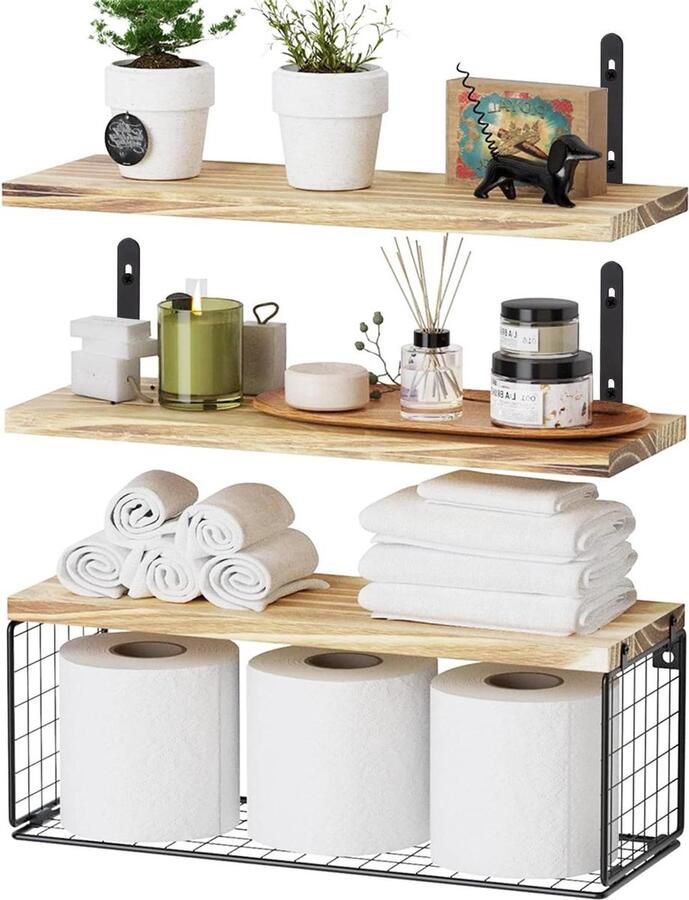 Wandplank Set van 3 Houten Drijvende Planken Ideaal voor Iedere Ruimte Natuurkleur Hout