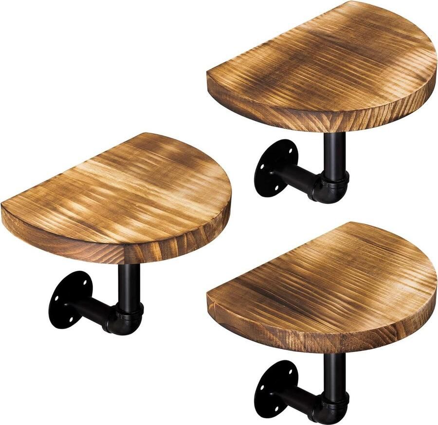 Wandplank Set van 3 Houten Ronde Planken met Industiële Pijp 20 x 15 x 2 cm