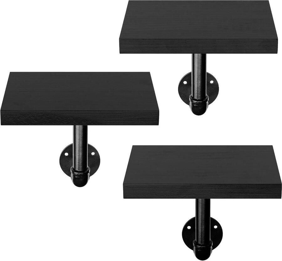 Wandplank Set van 3 Houten wandplanken met metalen pijp Zwart 20 x 15 x 2 cm