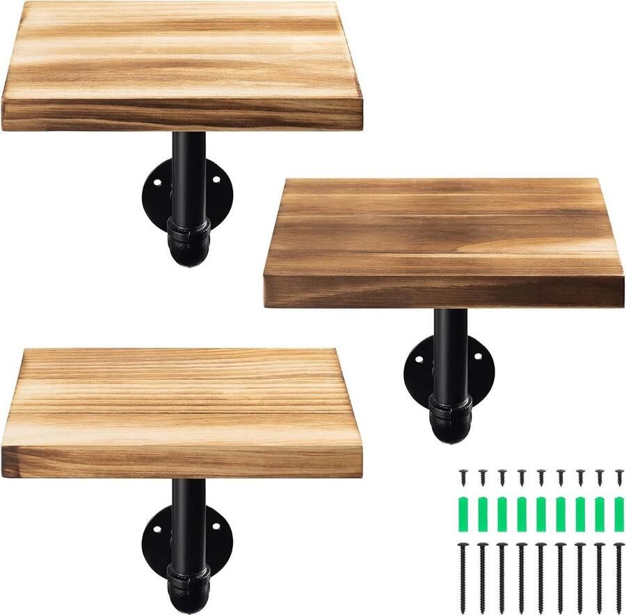 Wandplank Set van 3 Industriële wandplanken Bruin Hout en metaal 20 x 15 x 2 cm