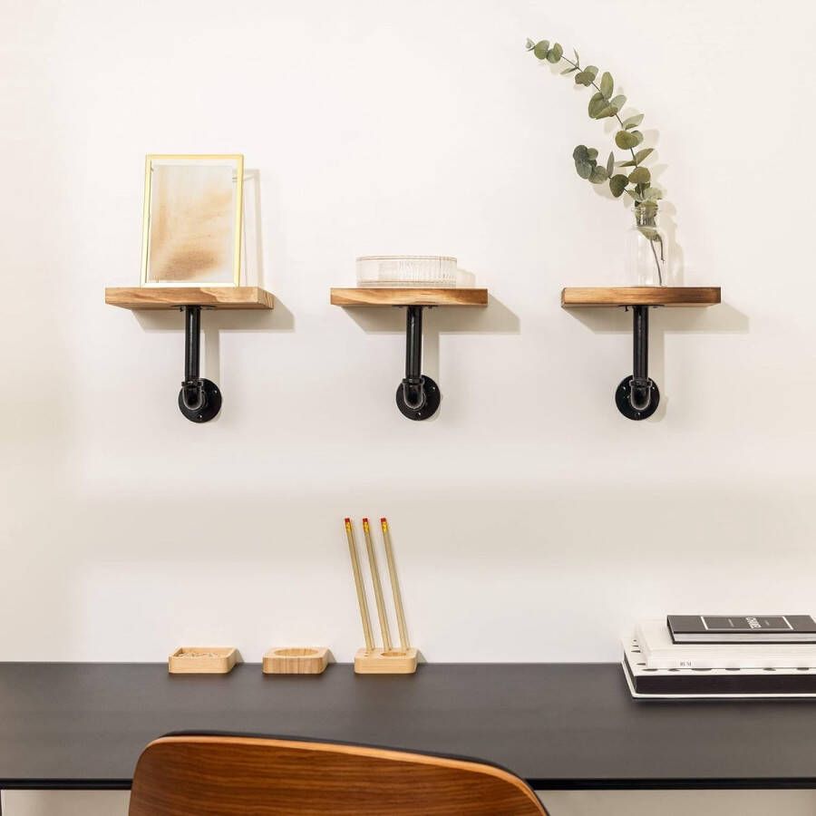 Wandplank Set van 3 Rechthoekige wandplanken van hout Met industriële metalen pijp Planken voor aan de muur 20 x 15 x 2 cm Bruin