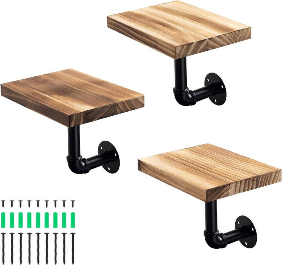 Wandplank Set van 3 Rechthoekige wandplanken van hout Met industriële metalen pijp Planken voor aan de muur 20 x 15 x 2 cm Bruin
