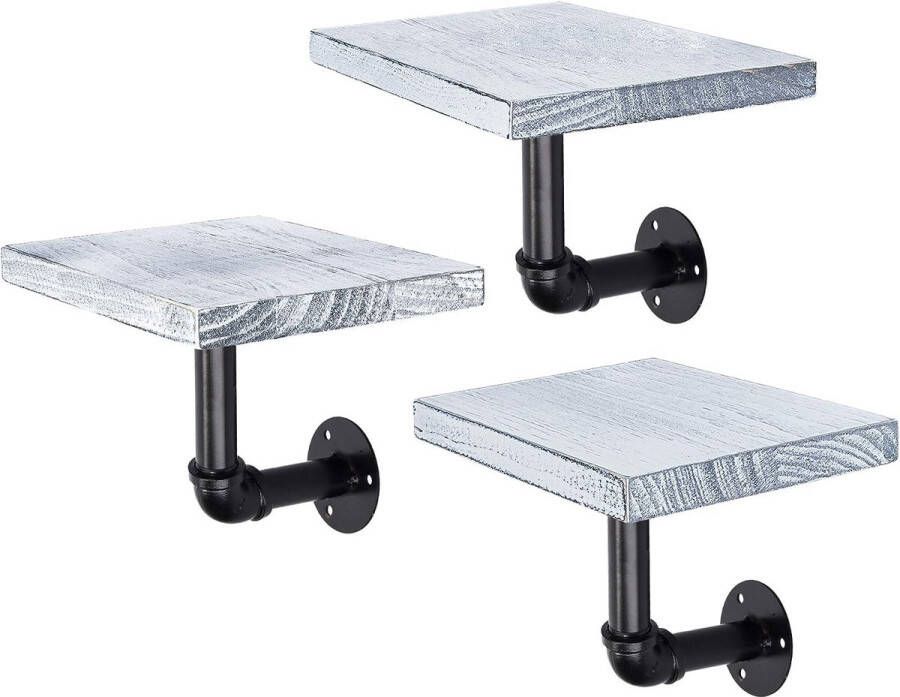 Wandplank Set van 3 Rechthoekige wandplanken van hout Met industriële metalen pijp Planken voor aan de muur 20 x 15 x 2 cm Wit