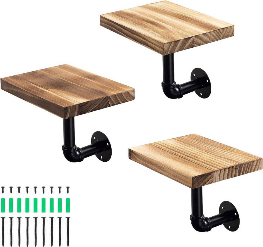 Wandplank Set van 3 Rechthoekige wandplanken van hout Met industriële metalen pijp Planken voor aan de muur 20 x 15 x 2 cm Wit