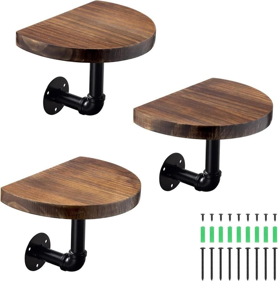 Wandplank Set van 3 Ronde houten planken Industrieel ontwerp 20 x 15 x 2 cm