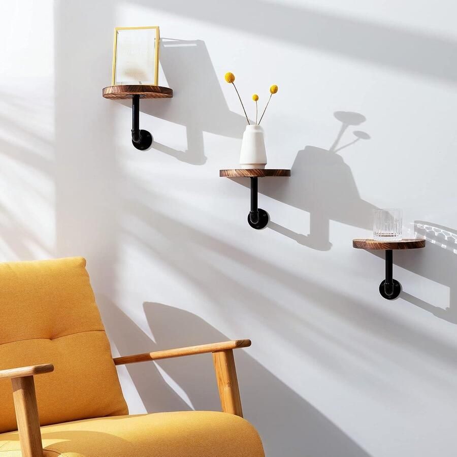 Wandplank Set van 3 Ronde planken van hout met industriële pijp van metaal 20 x 15 x 2 cm