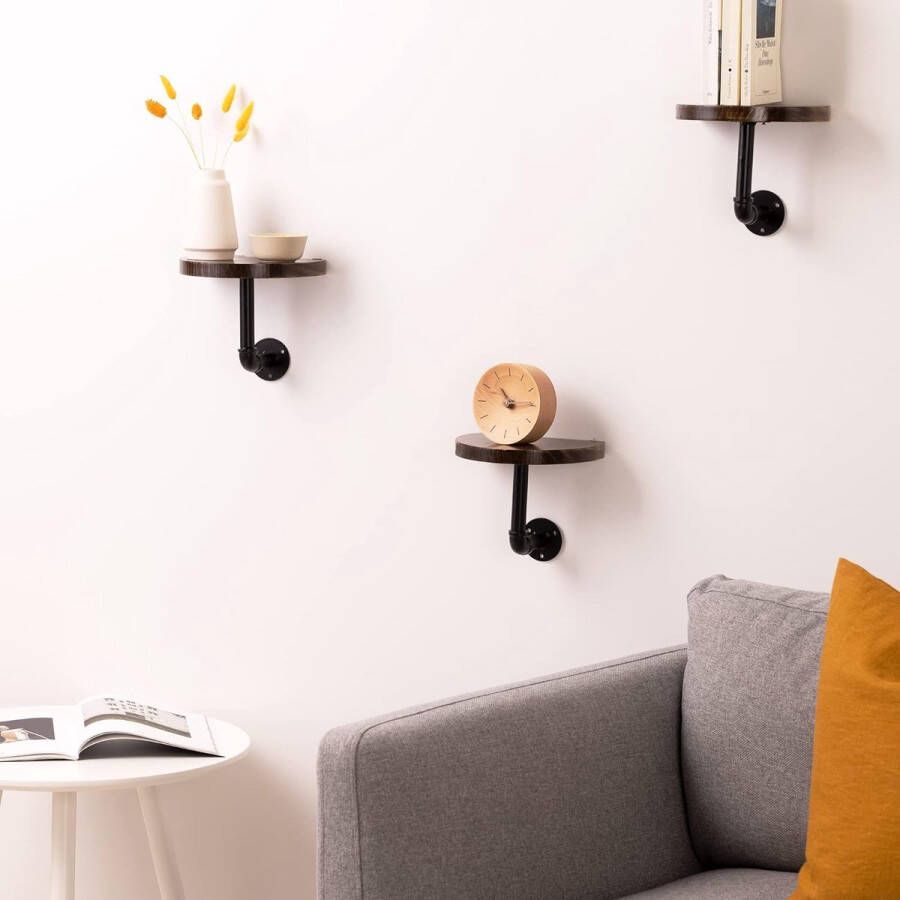 Wandplank Set van 3 Ronde planken van hout Met industriële pijp van metaal Planken om op te hangen aan de muur 20 x 15 x 2 cm