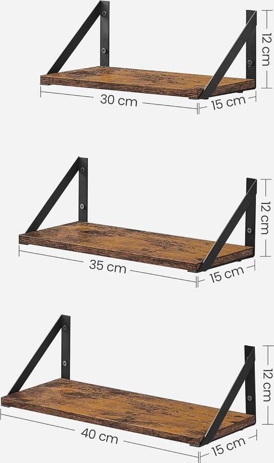 Wandplank set van 3 zwevende plank hoogglans afwerking voor decoratieve voorwerpen fotolijsten slaapkamer woonkamer keuken en badkamer vintage bruin-zwart